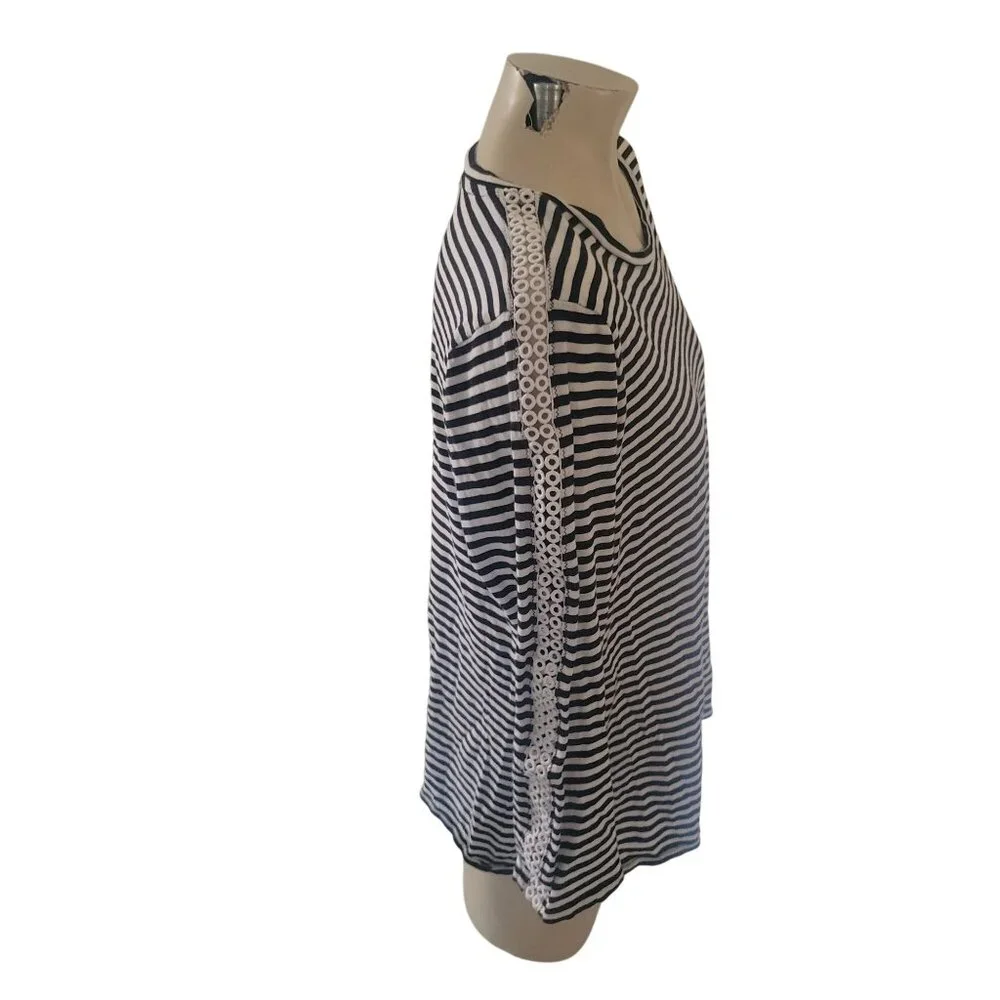 Michael Kors Striped‎ Long-Sleeve Top With Crochet Details Womens XL